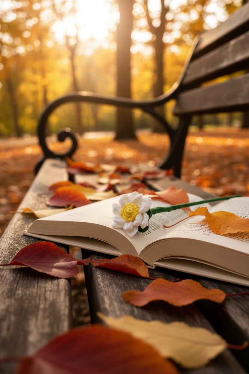 An open book resting on a wooden park bench scattered with autumn leaves, with a small white flower on the pages, set against a warm, sunlit forest background.