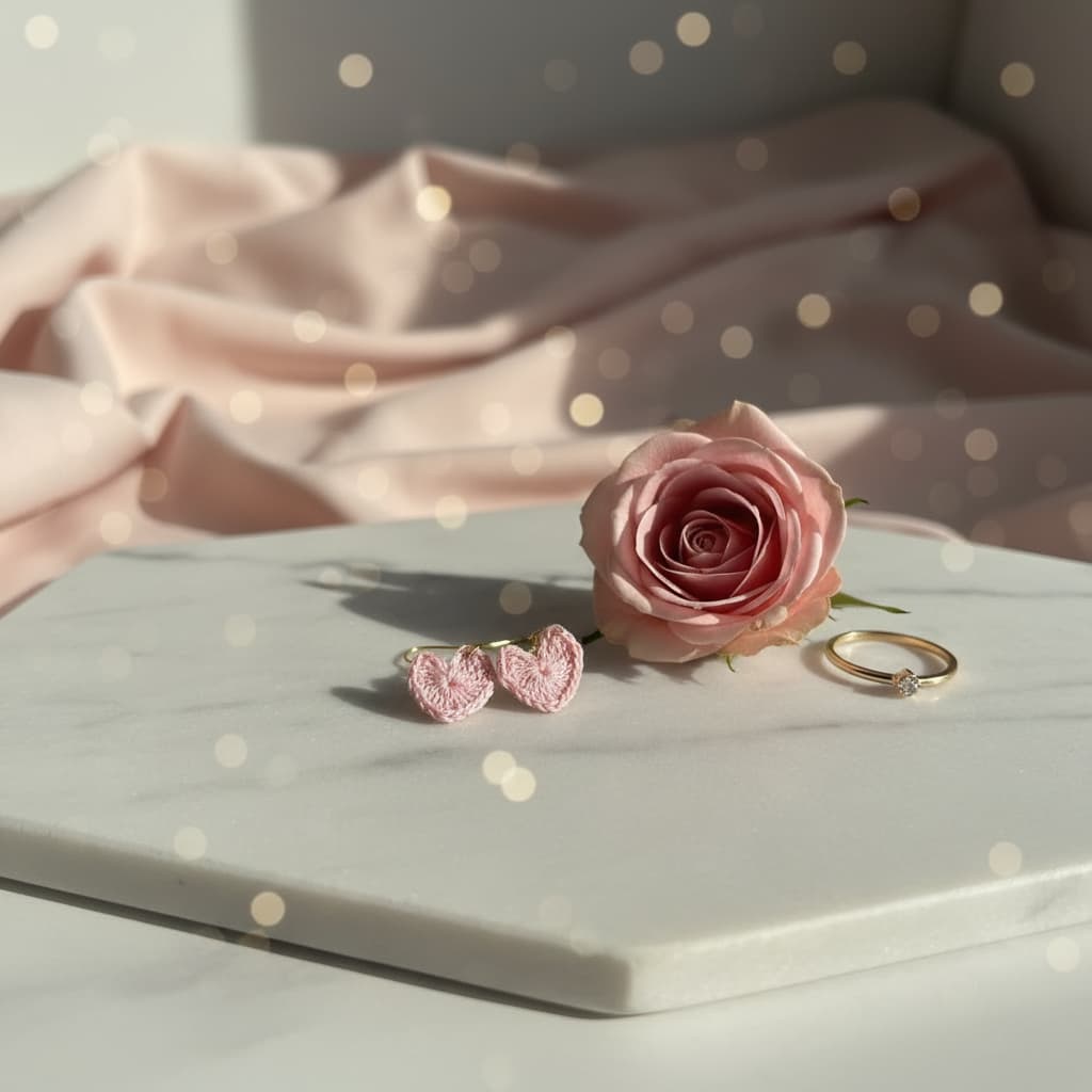 A pair of pink crocheted heart stud earrings displayed on a white marble tray next to a pink rose and a gold ring, with soft pink fabric draped in the background.