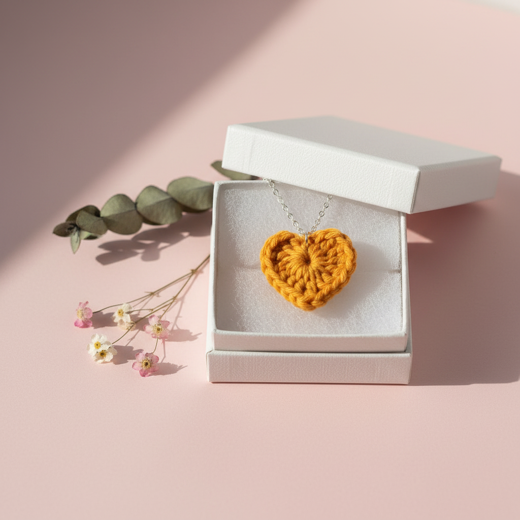 A yellow-orange crocheted heart pendant necklace on a silver chain, presented in an open white jewelry box on a soft pink background with decorative eucalyptus leaves and small flowers.