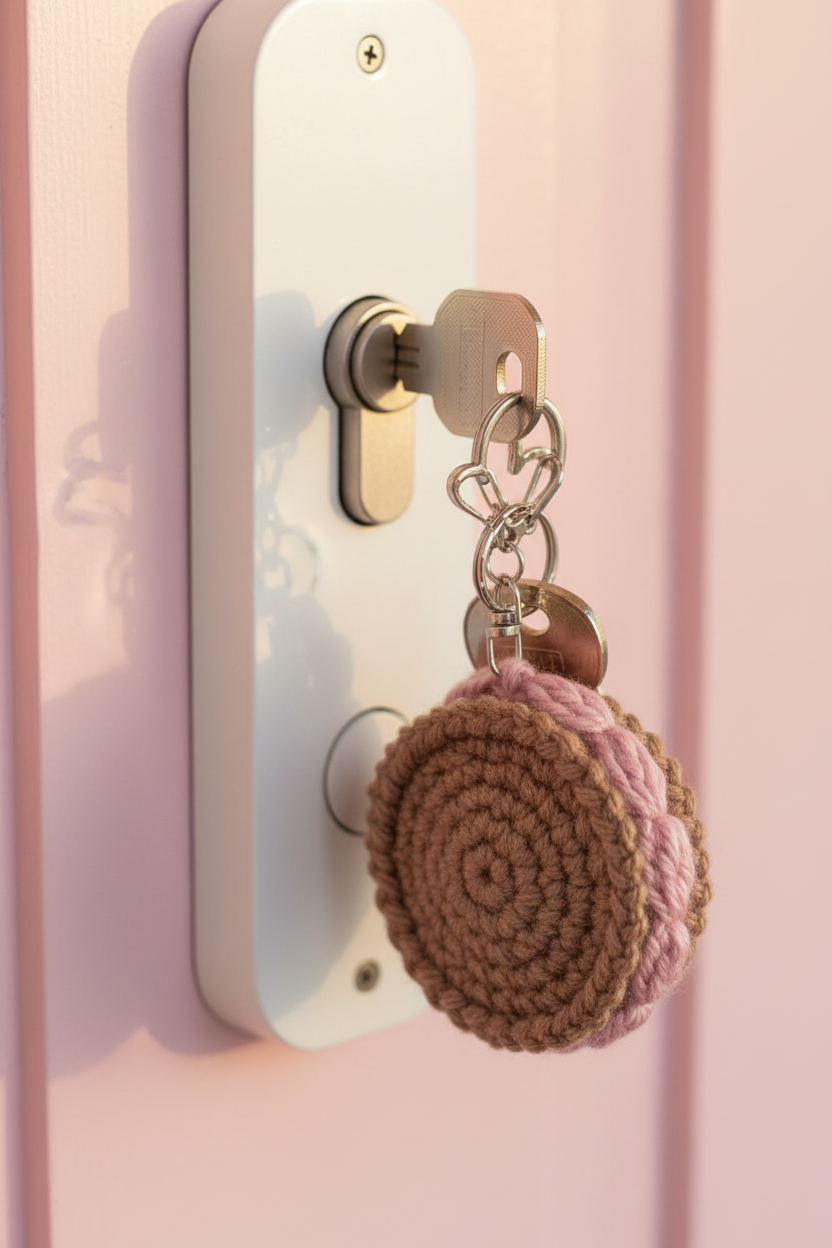 A close-up of a pink door with a white door lock and keyhole, featuring a small round crocheted keychain in brown and pink hanging from the key.