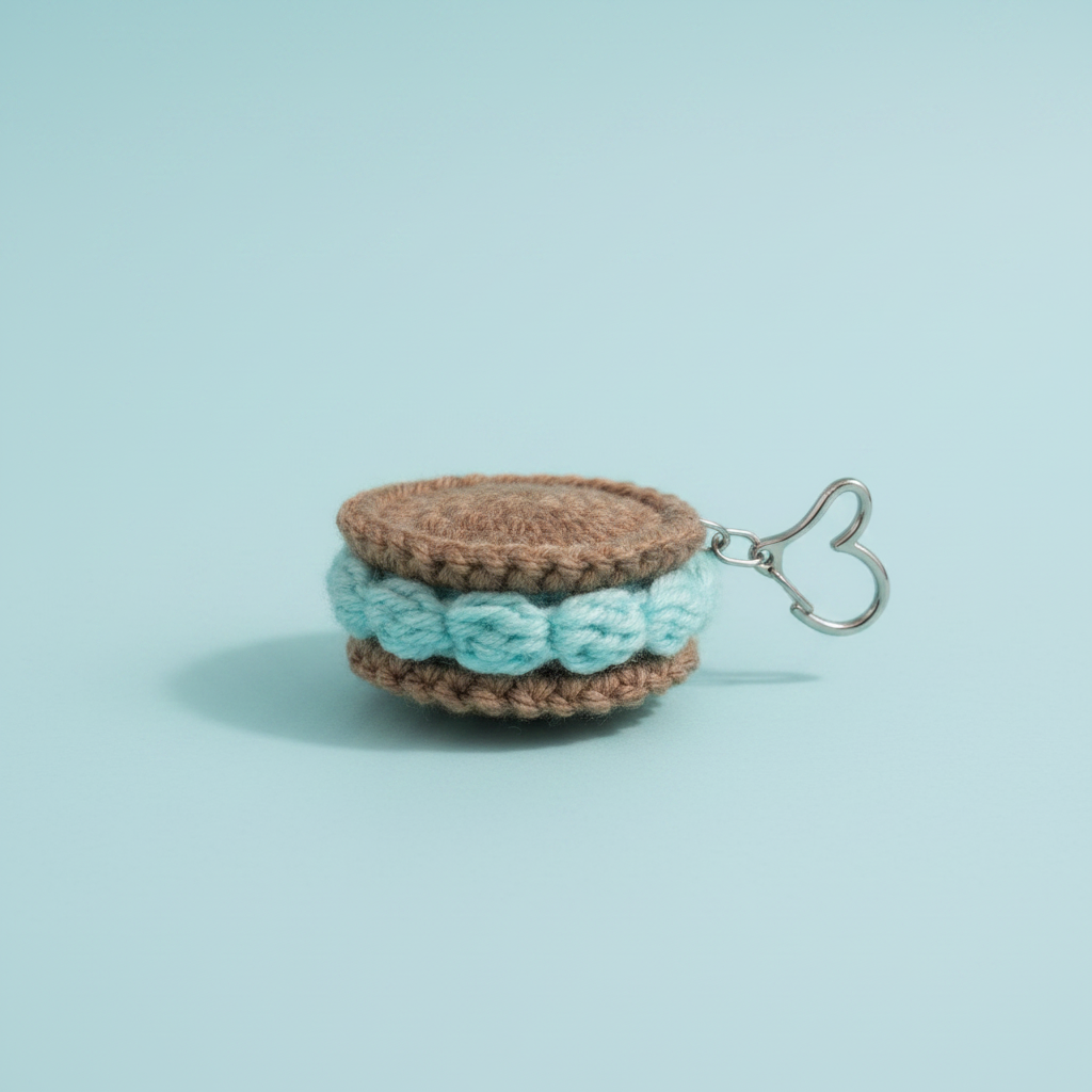 A crocheted macaron keychain charm with a brown top and bottom and light blue middle, attached to a silver metal heart clasp, on a light blue background.