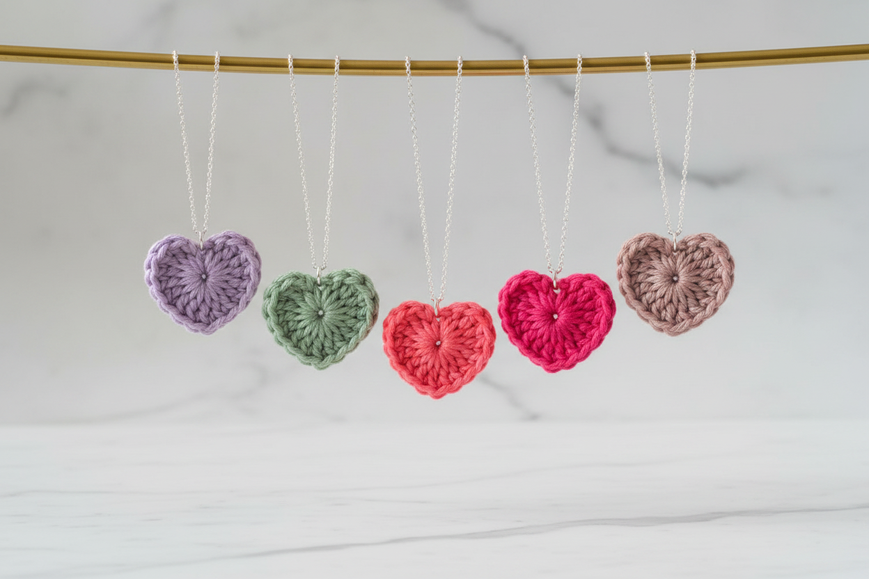 Five crocheted heart-shaped ornaments in purple, sage green, coral red, hot pink, and dusty rose, hanging from a gold rod against a white marble background.