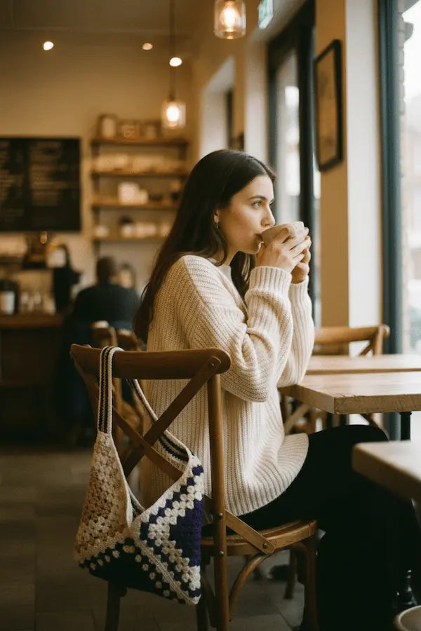 A woman sits in a cozy cafe setting, wearing a cream ribbed sweater and holding a mug near a window. A crocheted tote bag in cream, navy, and white hangs from a wooden chair beside her.
