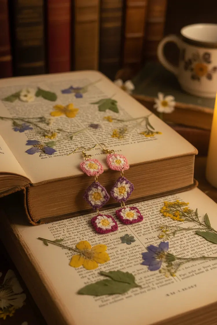 A pair of handmade daisy drop earrings with pink, purple, and white crochet petals, resting on an open vintage book surrounded by other books and a cup in a cozy, warm setting.