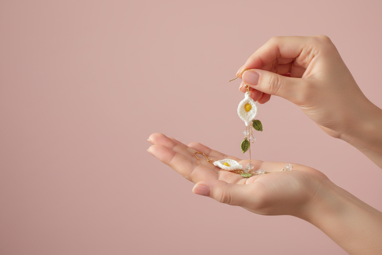 A close-up of a person's hands holding a delicate gold earring with a white daisy flower and green leaves, with the matching earring resting in the palm below, against a solid dusty pink background.