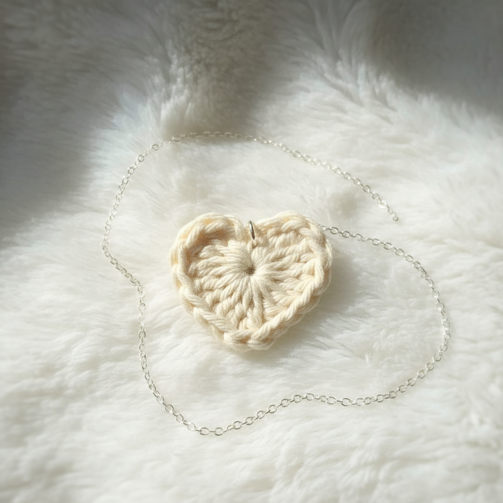 Crocheted heart-shaped object on a fluffy white surface