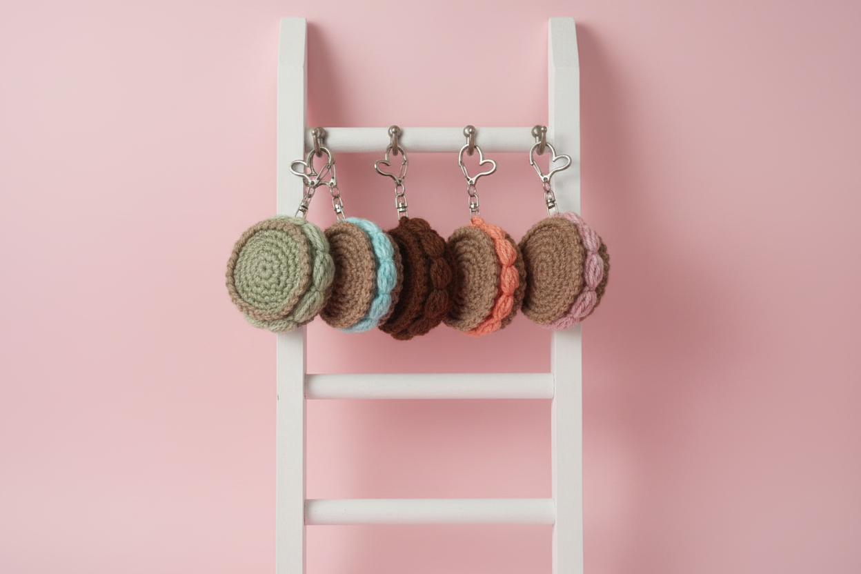 Four crocheted macaron-shaped keychains in shades of green, light blue, dark brown, and peach, hanging from silver metal clips on a white wooden ladder against a solid pink background.