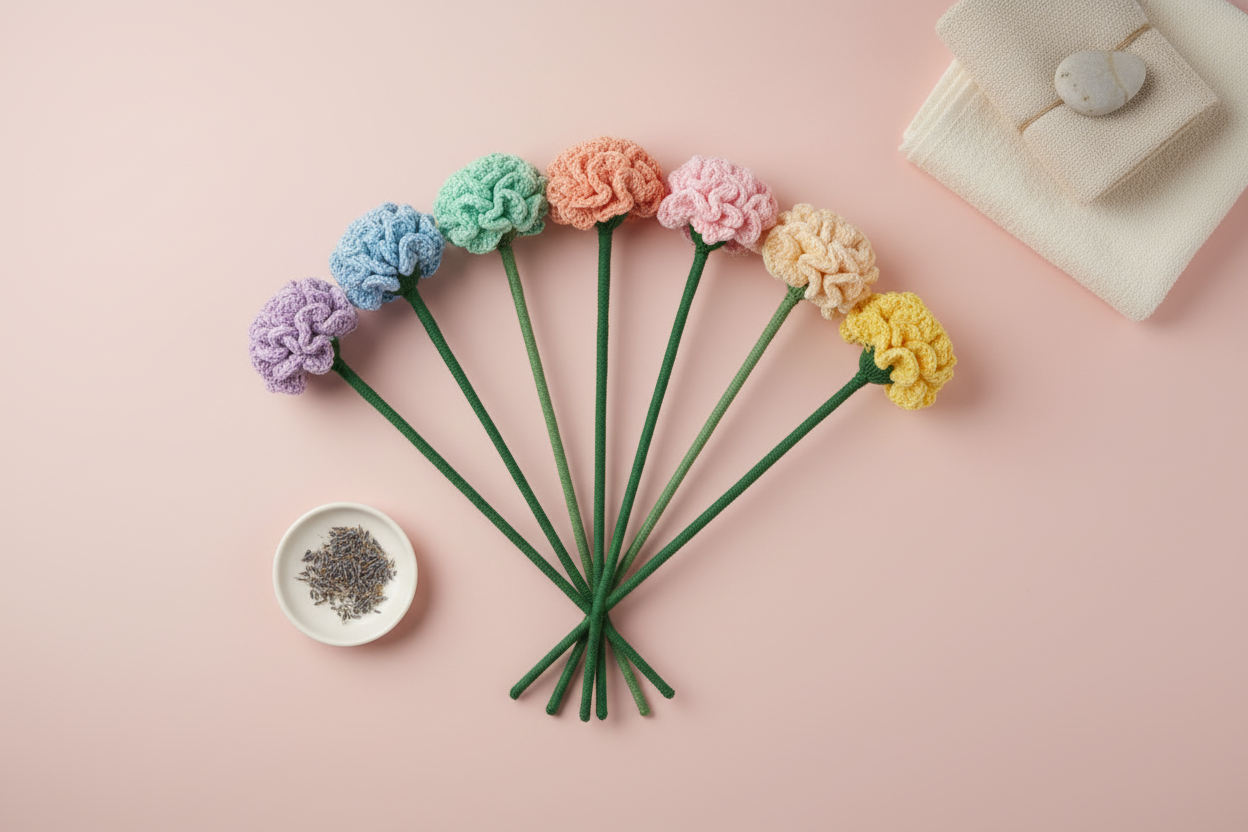 Seven colorful crochet brain-shaped flowers with green stems are arranged in a fan shape on a light pink background, with a small dish of gray beads and a folded cream fabric in the top right corner.