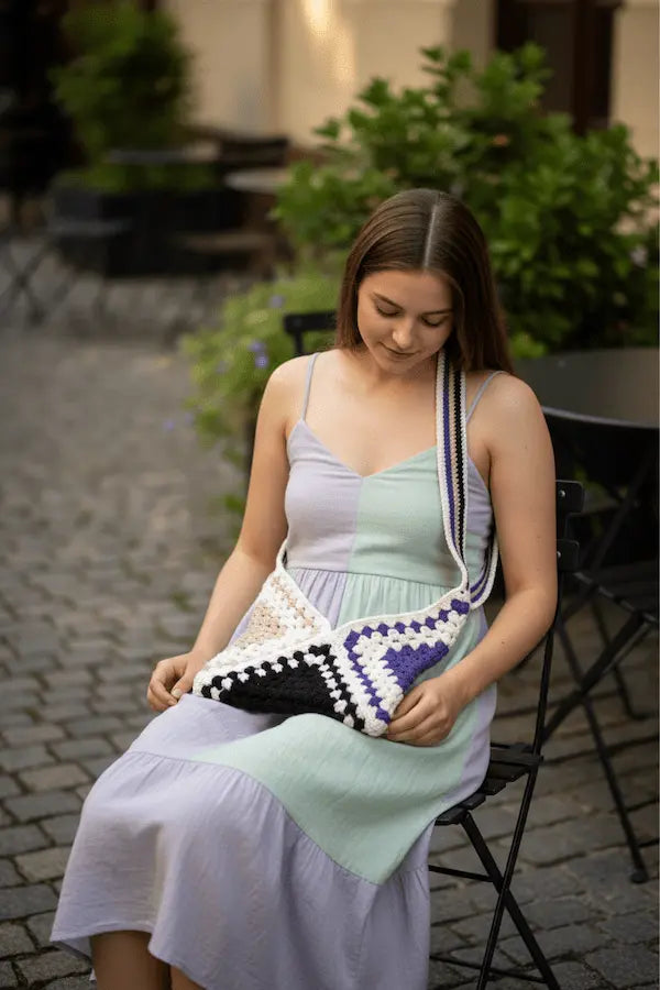 A woman sitting on a black outdoor chair in a garden courtyard, holding a handmade crocheted shoulder bag. The bag features a geometric pattern in purple, black, and white with a striped strap.