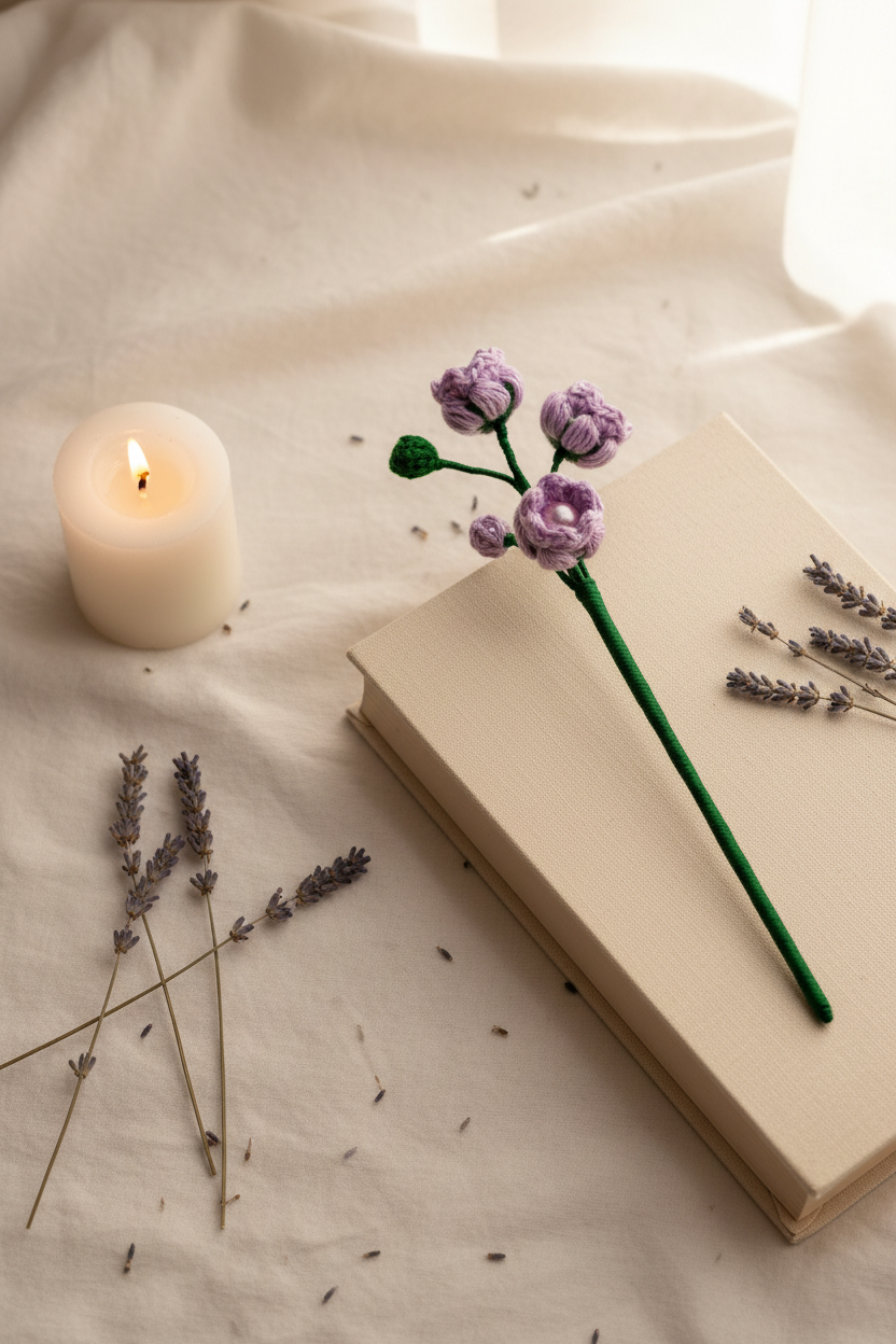 A handmade purple flower stem bookmark with a green stem rests on a beige book, styled on a draped cream fabric alongside a lit white candle and dried lavender sprigs.