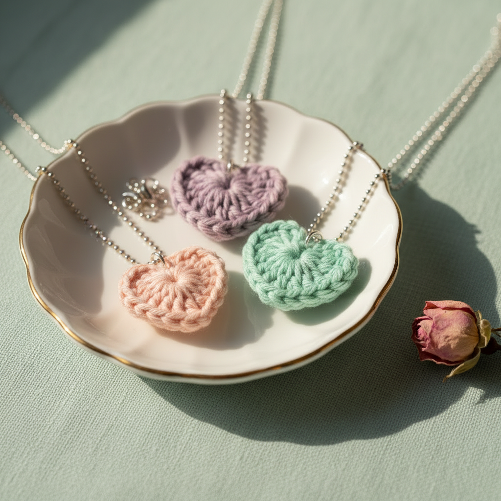 Three handmade crochet heart-shaped necklaces in pastel pink, lavender, and mint green, displayed on a scalloped white ceramic dish with gold trim on a light sage green surface.