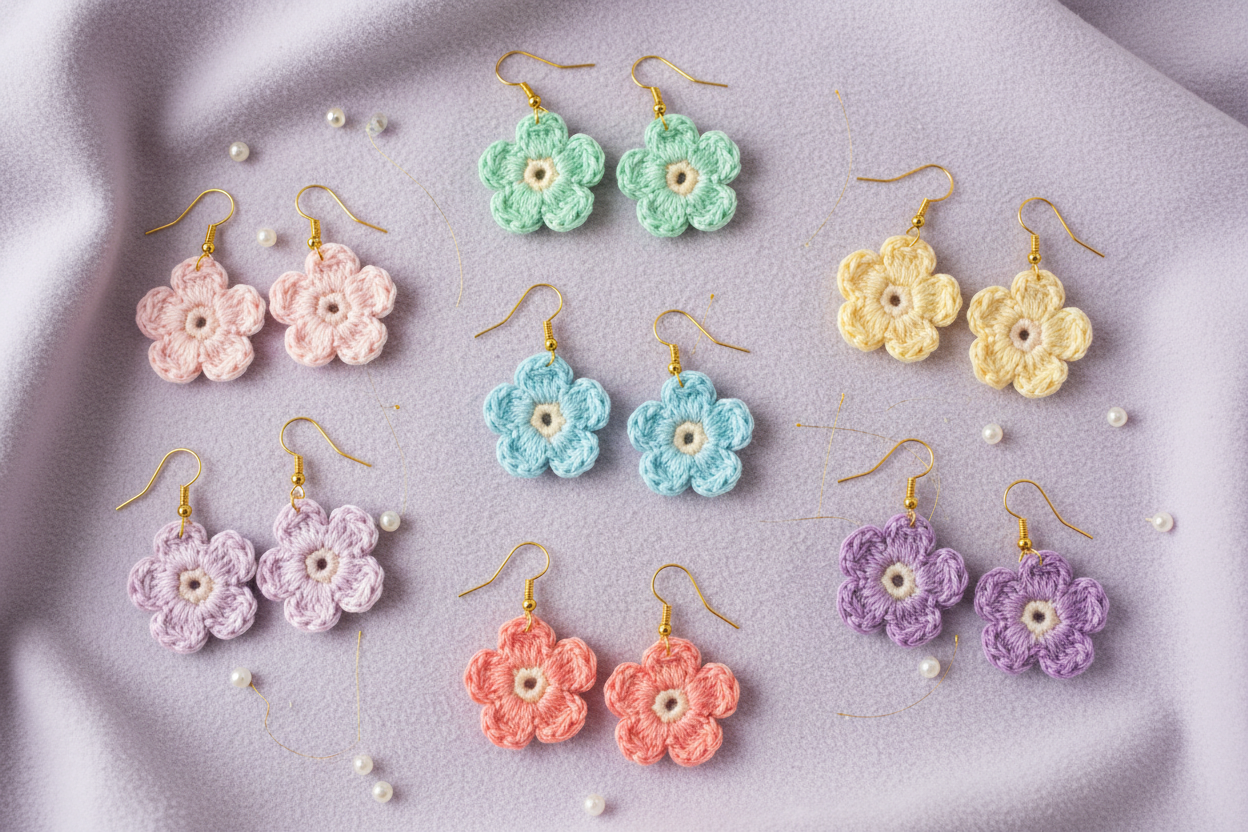 Six pairs of handmade crochet flower dangle earrings in pastel pink, mint green, light blue, yellow, lavender, and coral, arranged on a soft lavender fabric background with small decorative pearls.
