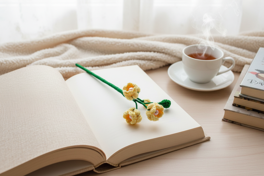 A crocheted bookmark with yellow flowers and a green stem rests on an open book on a wooden table, next to a cup of tea and a stack of books, with a soft beige blanket in the background.