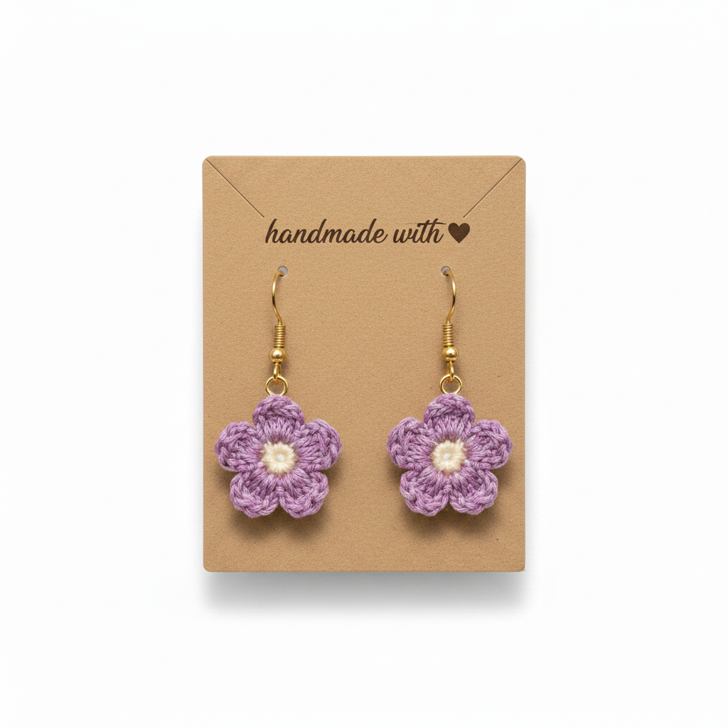 A pair of handmade purple crocheted flower dangle earrings with gold hooks and white centers, displayed on a brown kraft card that reads 'handmade with a heart'.