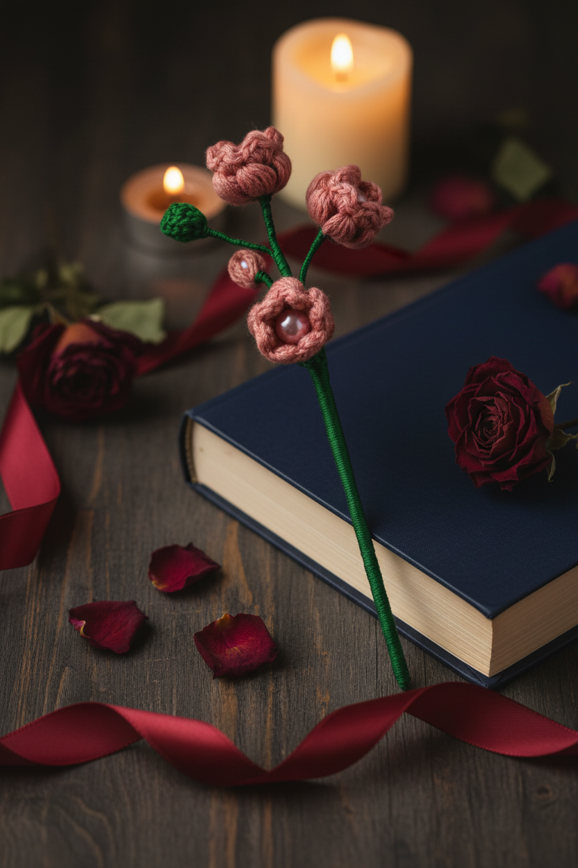 A dark blue hardcover book on a rustic wooden table, styled with a handmade pink crocheted flower stem, red rose petals, red ribbon, and burning candles in the background.