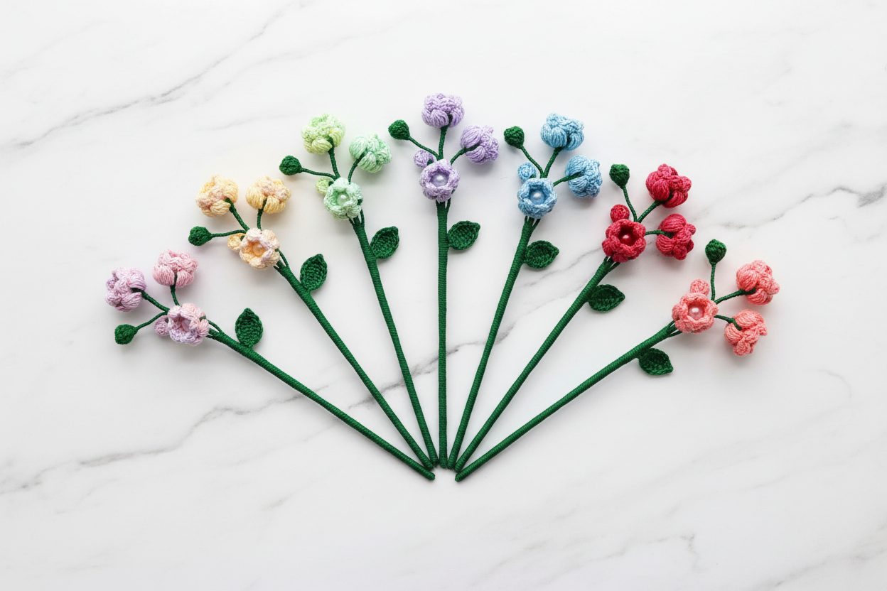 A set of eight crocheted or knitted flower stems arranged in a fan shape on a white marble surface. The flowers come in pastel pink, yellow, mint green, lavender, light blue, dark red, peach, and light purple, all with dark green stems and leaves.