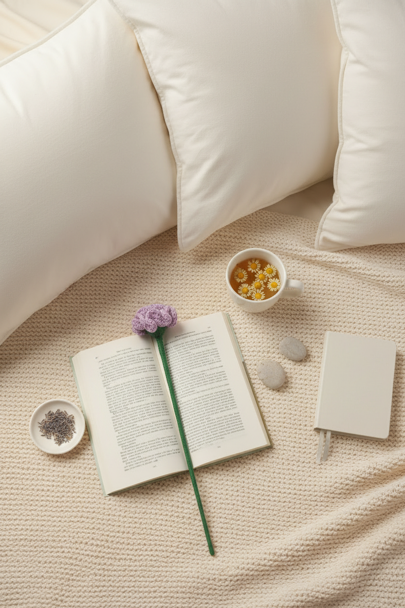 A cozy flat-lay scene on a cream knit blanket with white pillows, featuring an open book with a purple flower resting on it, a small white cup of yellow flowers, a white notebook, and a dish with dried lavender.