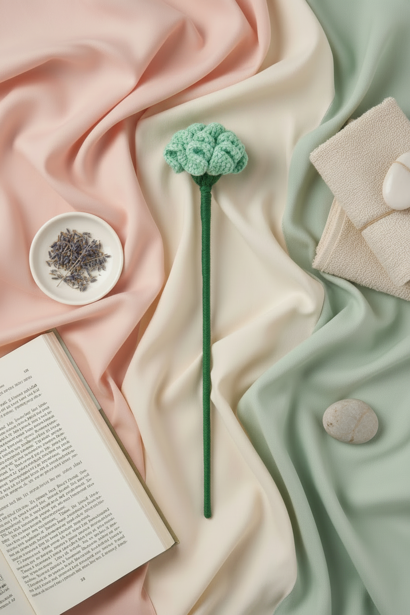 A green stem with a knitted mint-green flower head, styled in a flat lay on draped pastel pink, cream, and mint green fabric with an open book, a small dish of dried lavender, and folded cream towels.