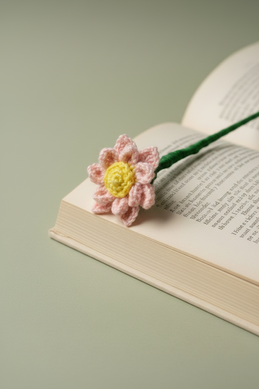 A crocheted flower bookmark with pink petals and a yellow center rests on an open book against a soft sage green background.
