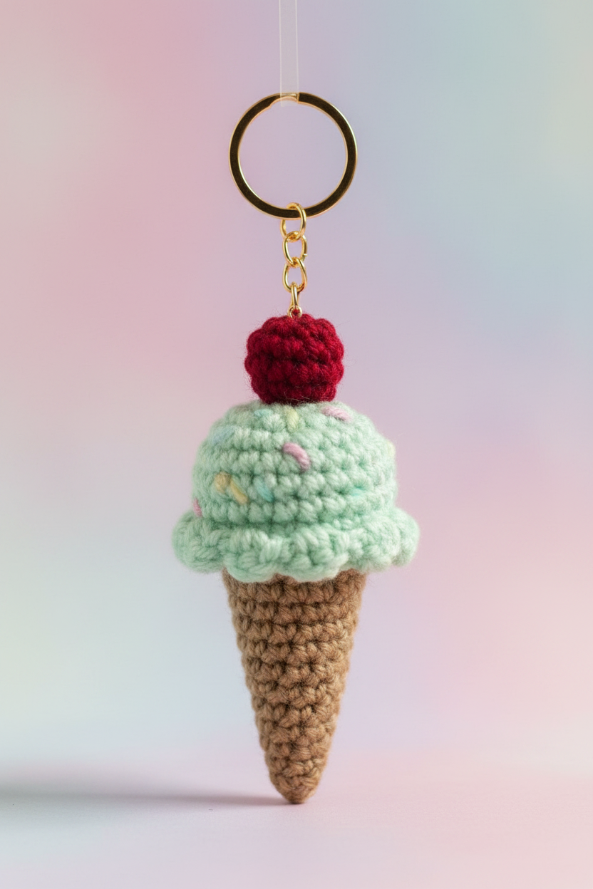 Crocheted ice cream cone keychain with a mint green scoop, brown waffle cone, red raspberry on top, and a gold metal key ring, shown against a soft pastel gradient background.