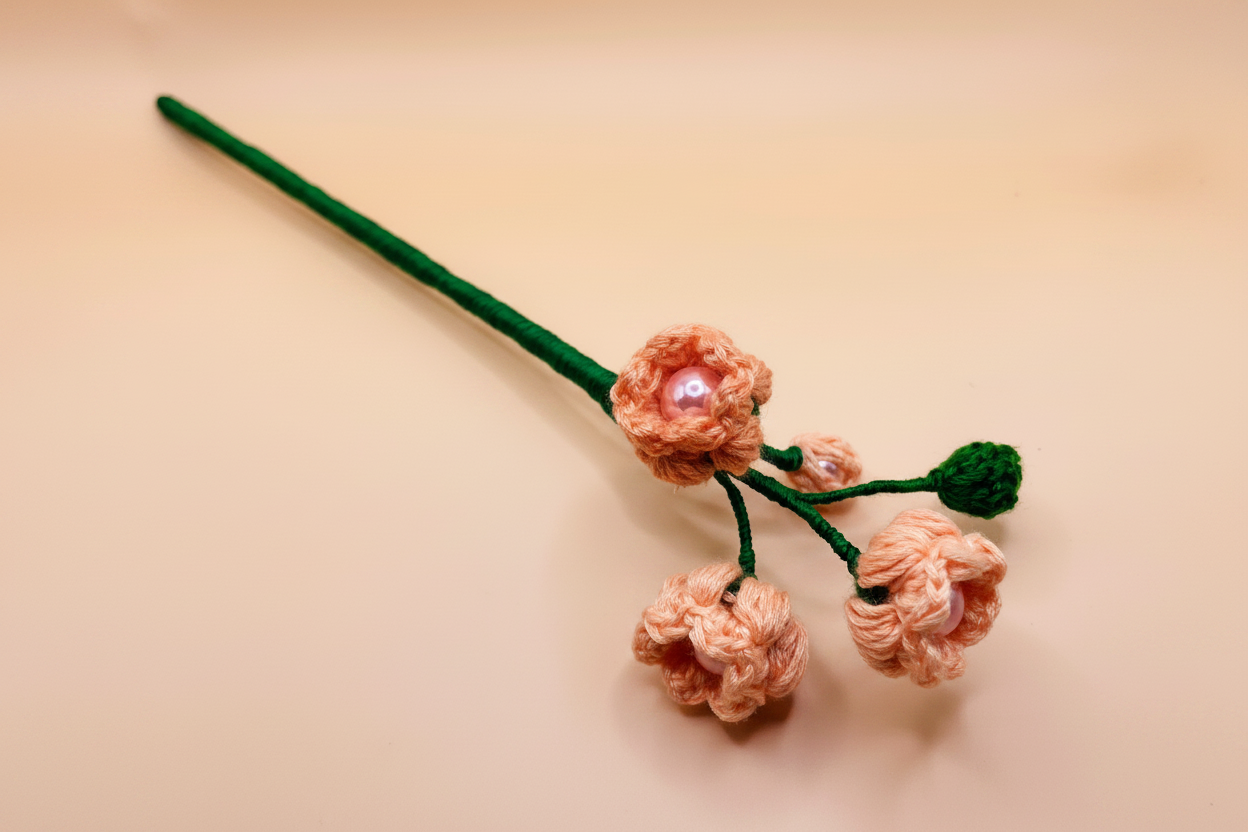 A handmade crocheted floral hair accessory featuring peach-pink flowers with a central pearl-like accent and a green stem, displayed on a soft beige background.