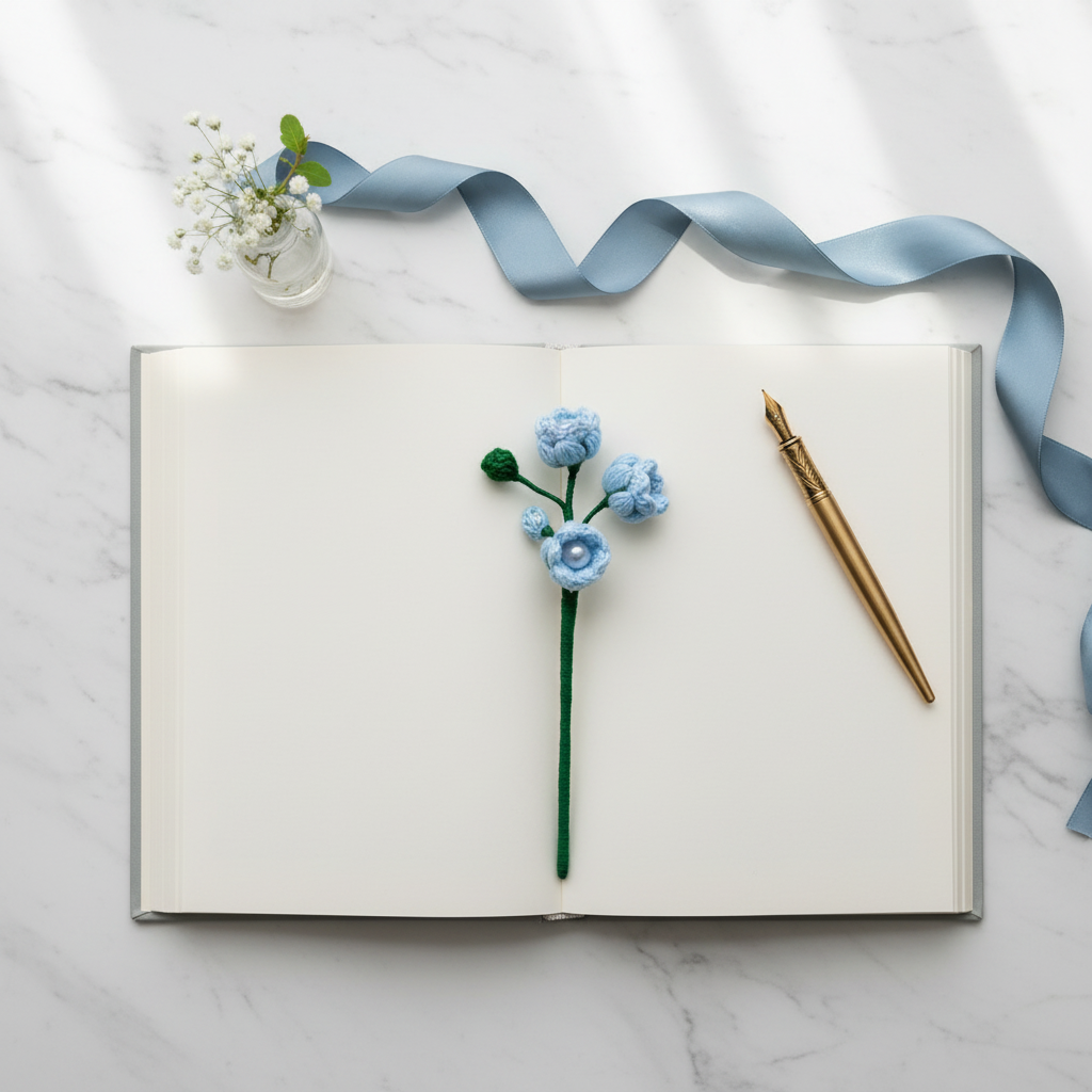 An open white notebook on a light marble surface with a blue ribbon, a small glass vase of baby's breath, and a gold pen. A small blue and green knitted flower is placed in the center of the notebook.