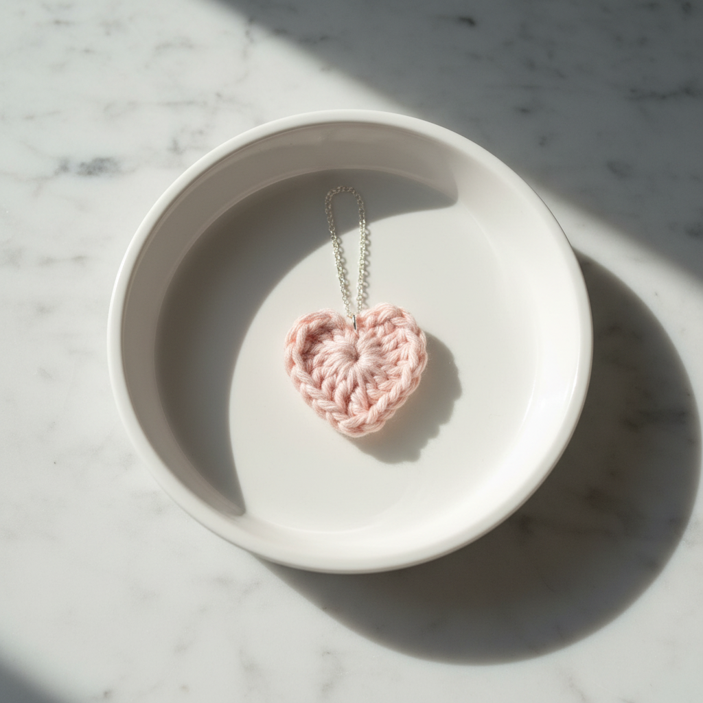 Pink crochet heart necklace on a white dish with marble background