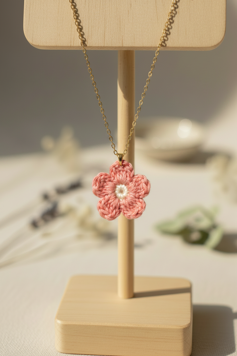 A pink crocheted flower pendant necklace with a gold chain and a small white center, displayed on a light wood stand against a softly blurred neutral background.
