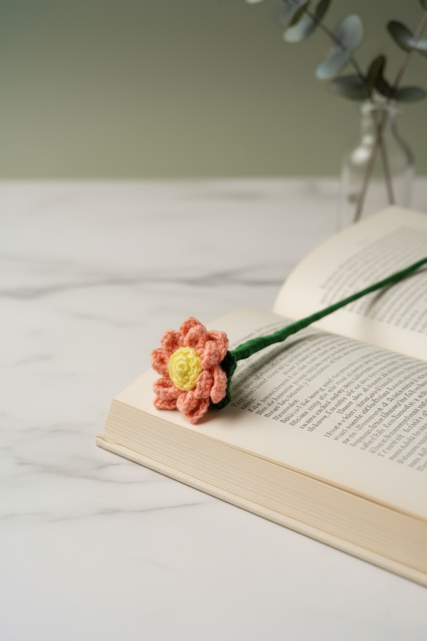 A handmade crocheted flower bookmark with pink petals and a yellow center rests on an open book on a light marble surface, with a blurred vase in the background.