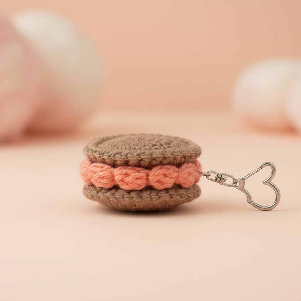 A small crocheted macaron keychain charm in brown and peach-pink, with a silver metal clasp, photographed on a soft peach background.