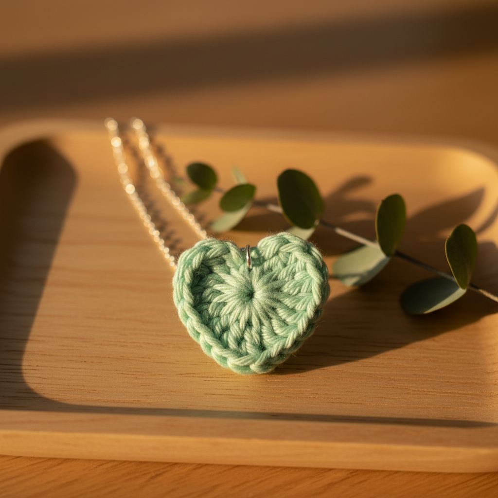 Crocheted heart-shaped object on a wooden surface with a plant