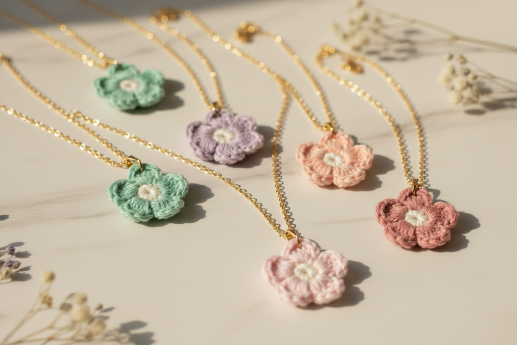 Five handmade crochet flower necklaces with gold chains are arranged diagonally on a light marble surface with dried flowers. The necklaces feature pastel green, lavender, peach, and dusty pink flowers with white centers.