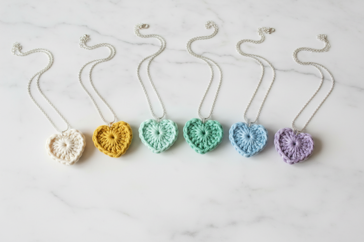 Five handmade crochet heart pendants on silver chains, arranged in a row on a white marble surface. The pendants are in cream, mustard yellow, mint green, teal, light blue, and lavender purple.