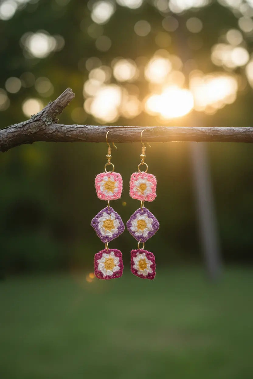 A pair of handmade crochet dangle earrings hanging from a tree branch outdoors at sunset. The earrings feature pink, purple, white, and yellow crochet flowers.