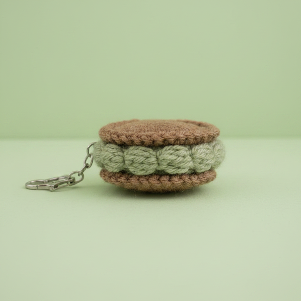A crocheted keychain shaped like a sandwich cookie, featuring a light brown top and bottom with a textured pale green center, attached to a silver metal clasp, set against a solid pale green background.