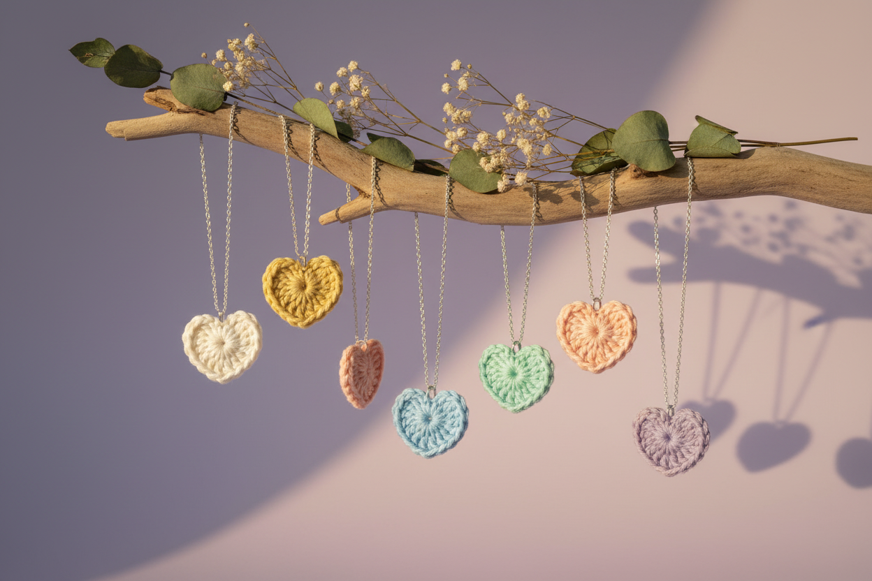 Six pastel crocheted heart pendants on silver chains, hanging from a natural branch decorated with baby's breath flowers against a soft lavender background.