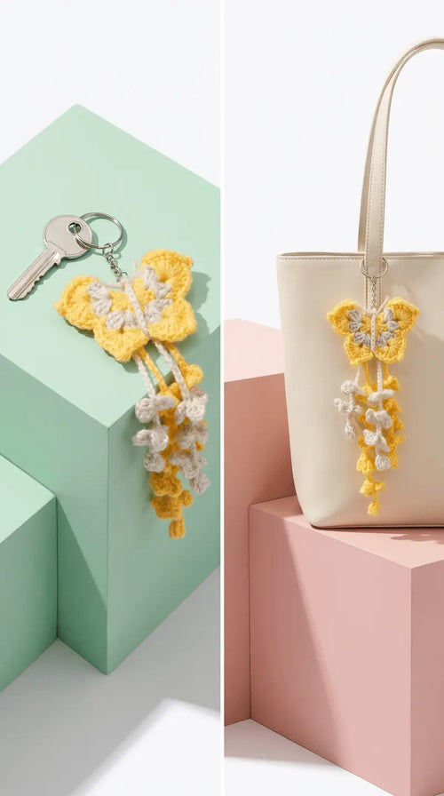 A split-screen product display featuring a yellow and white crocheted butterfly keychain with dangling floral charms on the left, and the matching keychain hanging from a cream tote bag on the right. Both are styled on pastel geometric blocks against a clean white background.