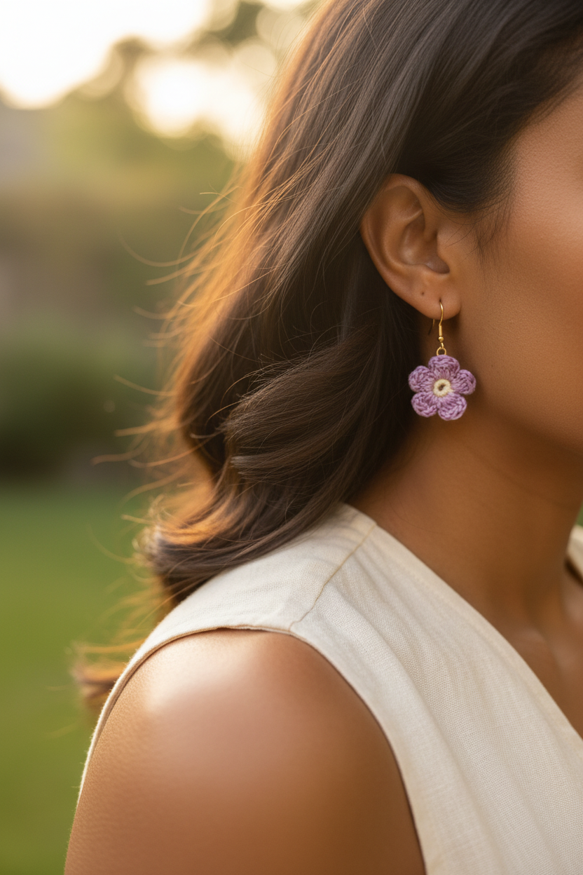 A close-up lifestyle shot of a woman wearing a lavender flower-shaped dangle earring with a gold hook, set against a soft-focus outdoor background.