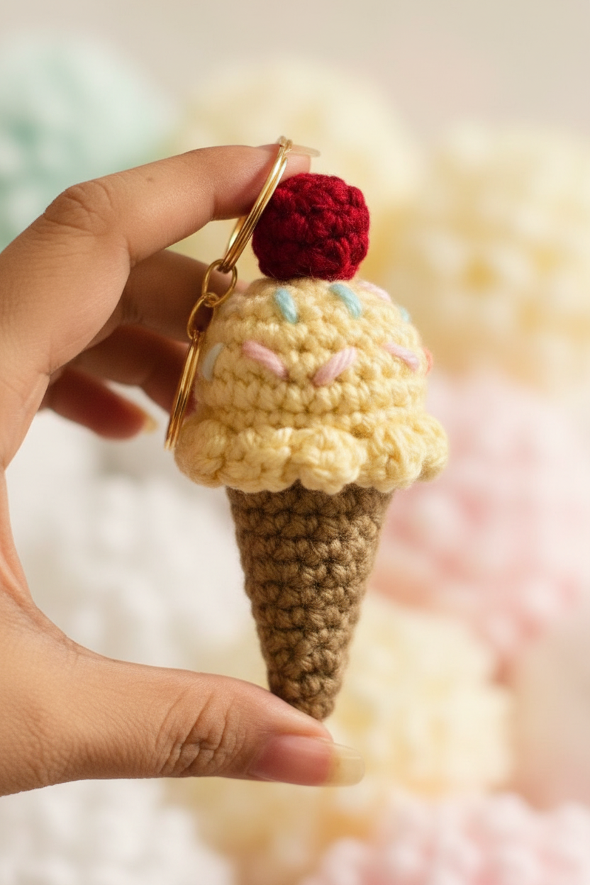 A hand holding a crocheted ice cream cone keychain with a gold metal ring, featuring a butter yellow scoop with pastel sprinkles, a brown cone, and a red cherry on top.
