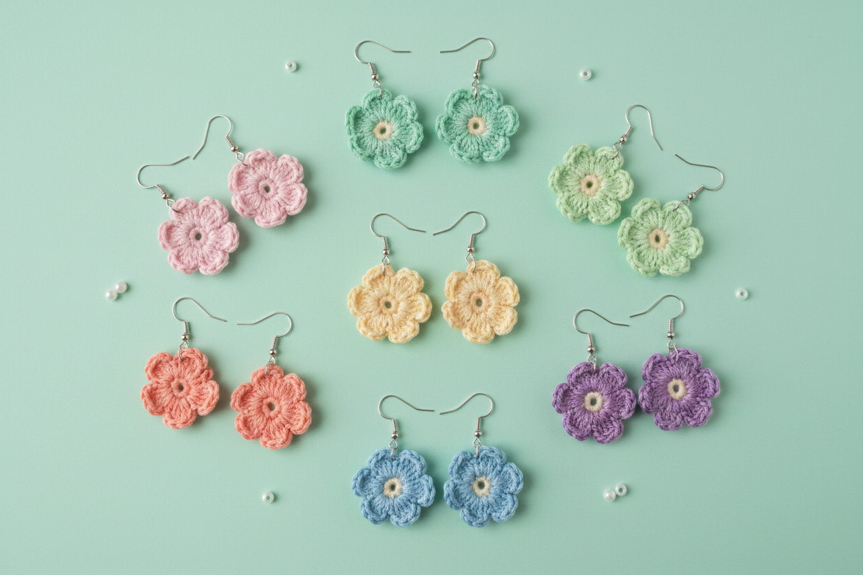 Six pairs of handmade crocheted flower dangle earrings in pastel pink, mint green, light green, coral orange, light blue, and lavender purple, arranged on a mint green background with small decorative pearls.