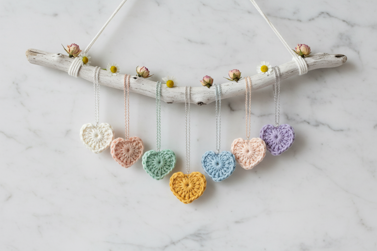 A decorative hanging arrangement featuring seven crocheted heart charms in pastel colors suspended from a weathered white branch, displayed on a light marble surface.
