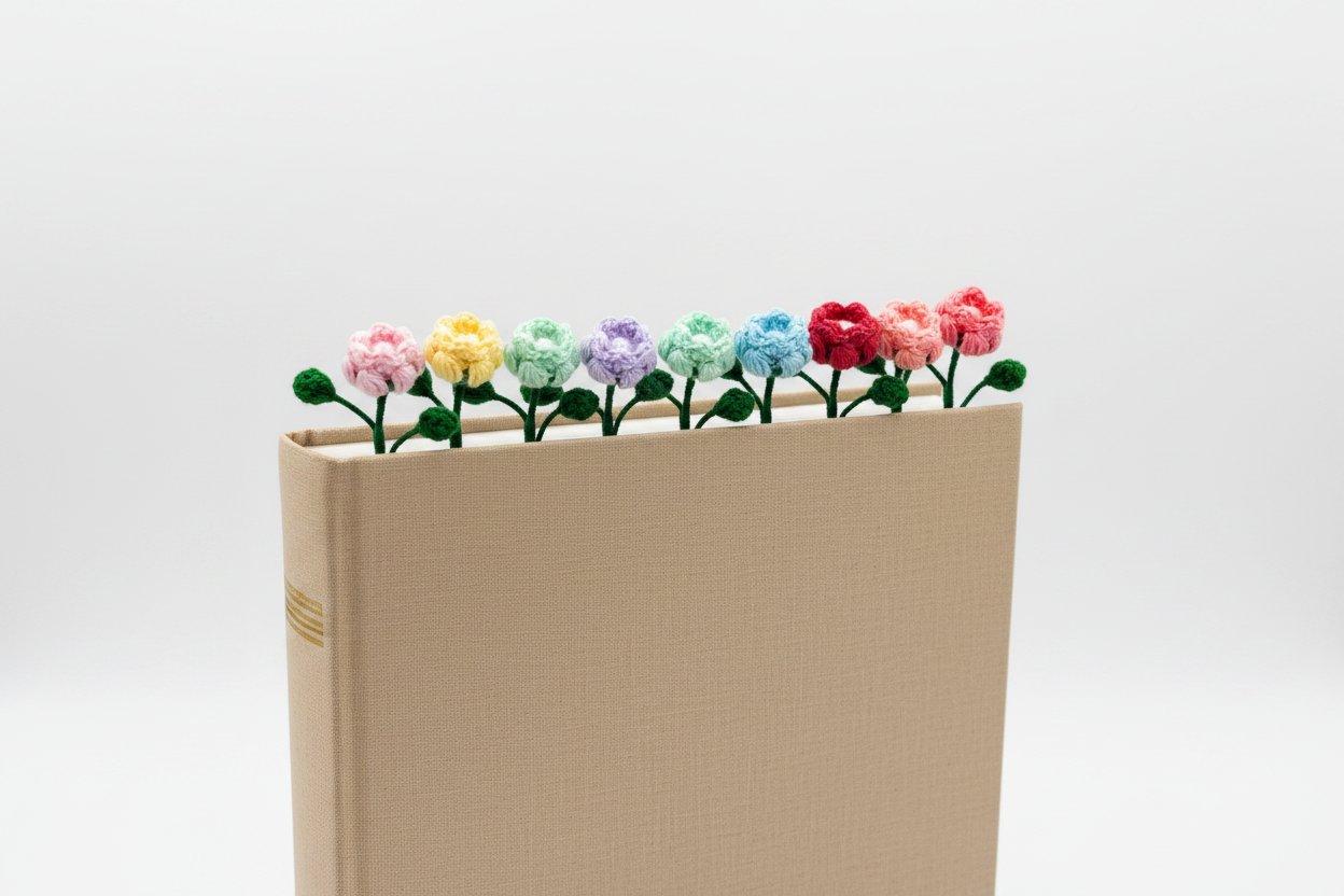 A beige hardcover notebook or journal standing upright on a white studio background, with a row of small crocheted flowers in pink, yellow, green, purple, blue, and red tucked along the top edge.