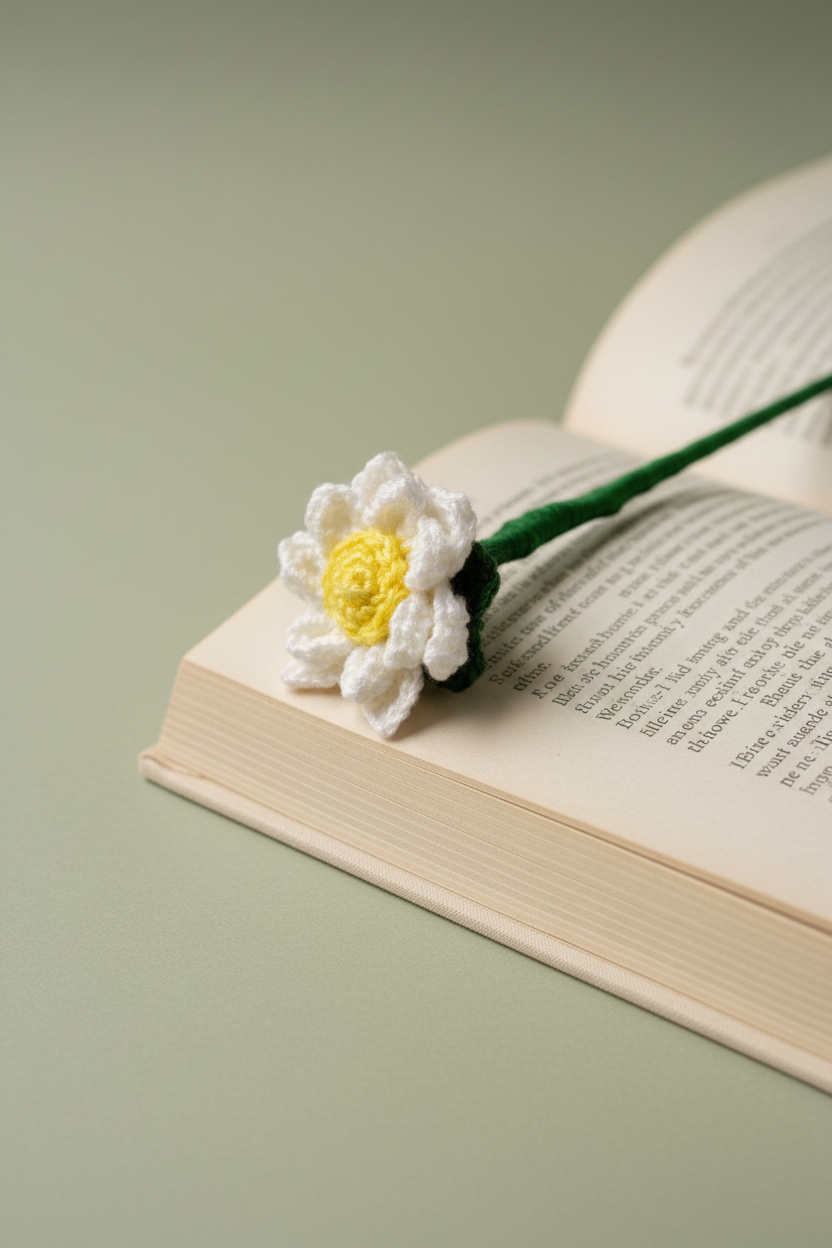 Crocheted daisy flower bookmark on an open book with a green background