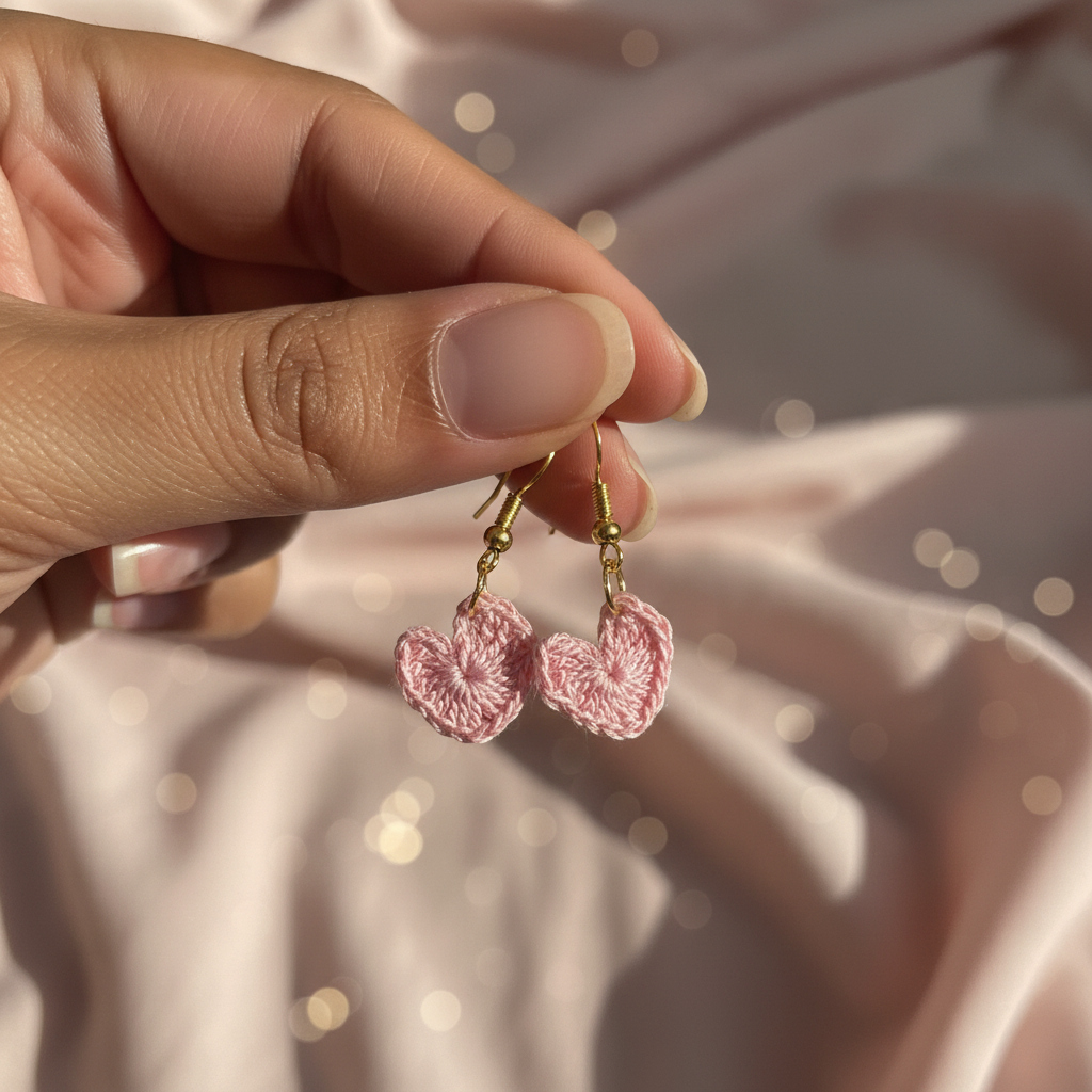 A close-up of a hand holding a pair of small pink crocheted heart dangle earrings with gold hooks against a soft pink satin fabric background.