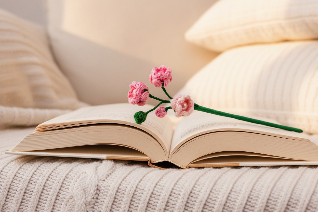 An open book on a cream knit blanket with pink crocheted flowers resting across the pages, set against a soft background of pillows and a lamp.