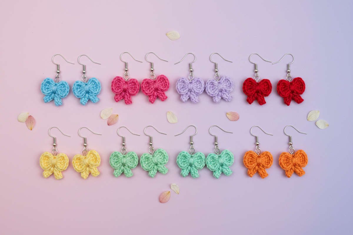 Six pairs of handmade crocheted bow dangle earrings in light blue, pink, lavender, red, yellow, and mint green, arranged on a pastel pink background with scattered flower petals.