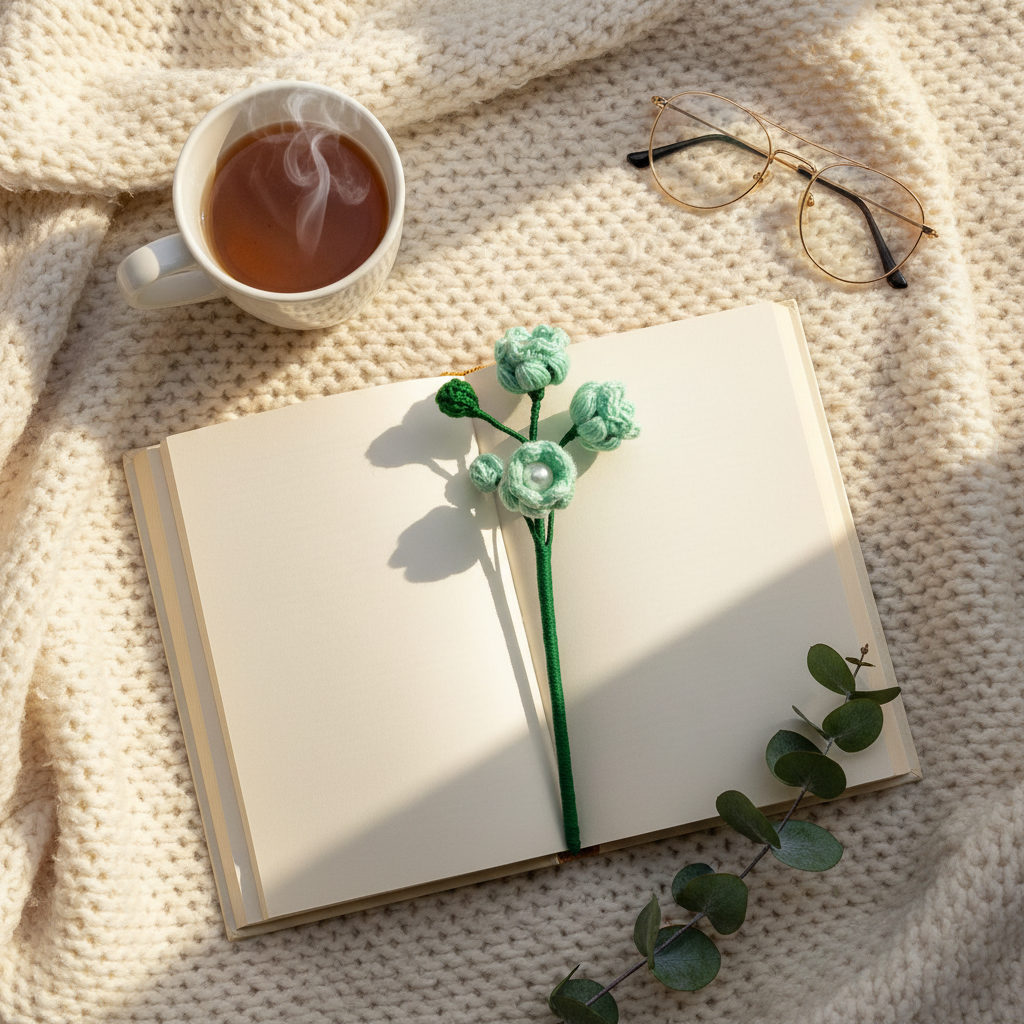 An open blank notebook on a cream knit blanket, styled with a small mint-green flower sprig, a white mug of tea, and gold-rimmed eyeglasses.