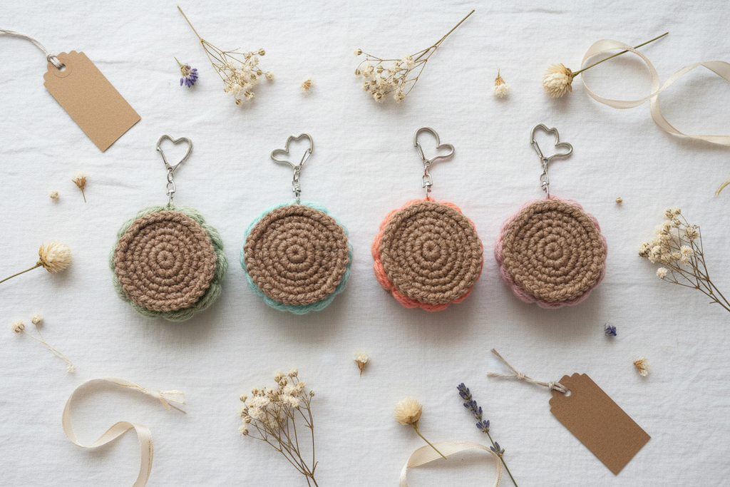 Four crocheted keychains arranged in a row on a white fabric background, decorated with dried flowers, ribbons, and blank paper tags. The keychains feature textured circular designs in green, mint, peach, and pink, with silver metal heart-shaped clips.