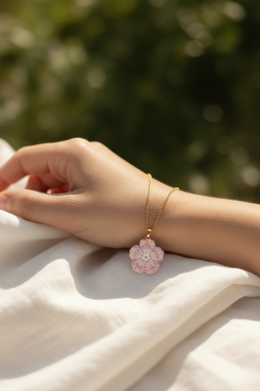 A delicate gold chain bracelet with a pink flower-shaped pendant, worn on a person's wrist resting on white fabric with a blurred green outdoor background.
