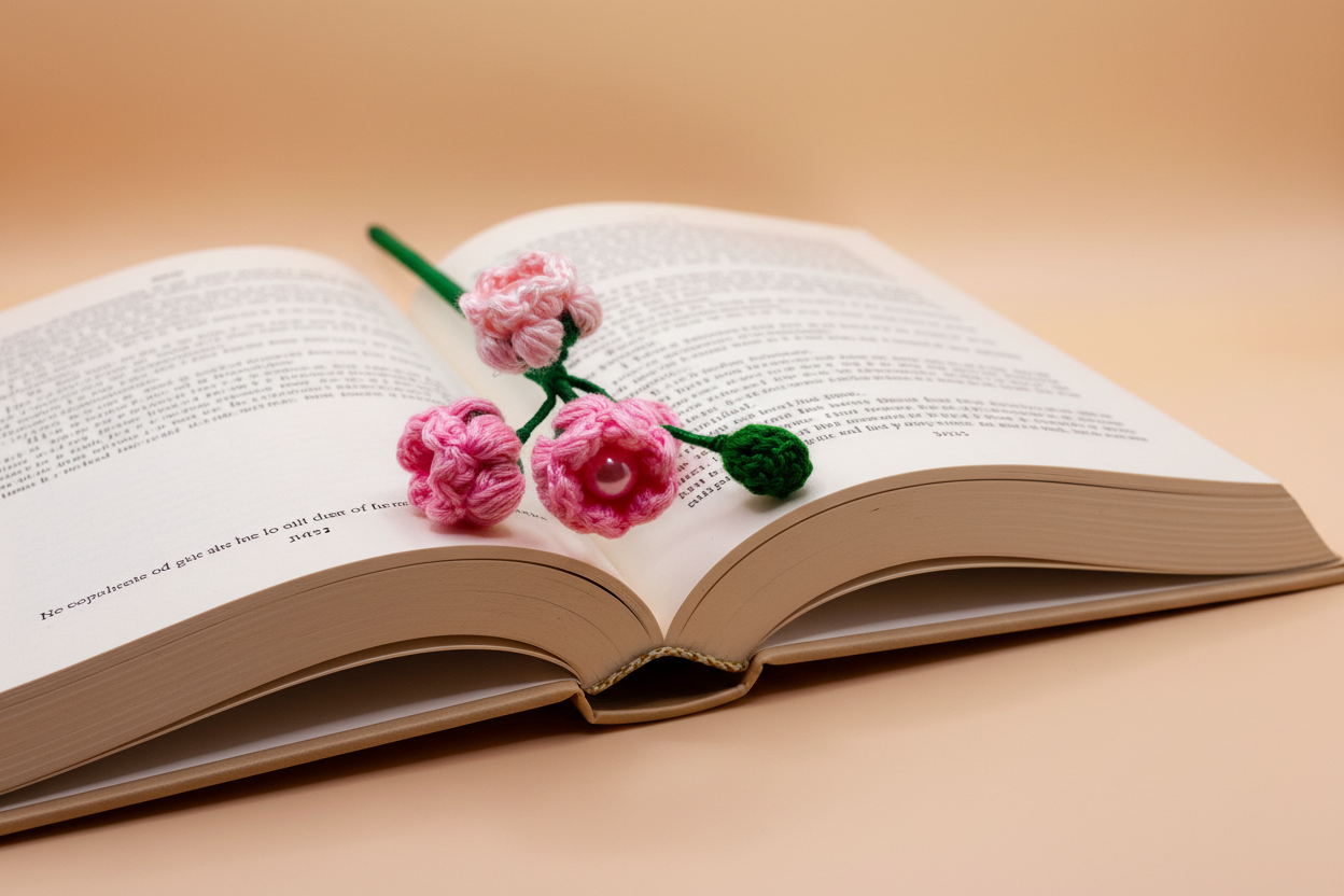 Three pink crocheted flowers with green stems and leaves resting on the pages of an open book, set against a warm beige background.